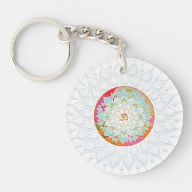 OM Symbol Colourful Lotus Flower Mandala Chakra Key Ring (Front)
