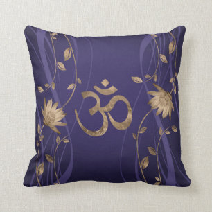 Om Symbol Golden Lotus Flowers on purple Cushion