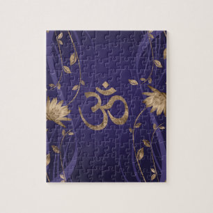 Om Symbol Golden Lotus Flowers on purple Jigsaw Puzzle