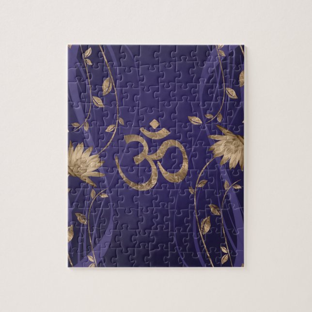 Om Symbol Golden Lotus Flowers on purple Jigsaw Puzzle (Vertical)