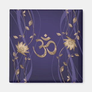 Om Symbol Golden Lotus Flowers on purple Magnet