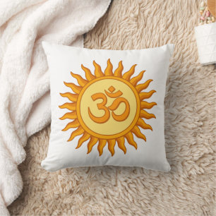 Om Symbol in Radiant Sun Spiritual Hindu Design Cushion