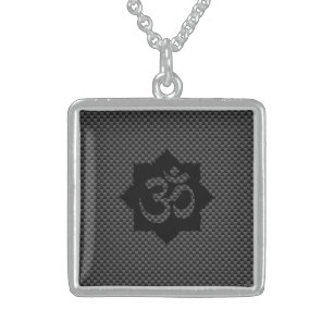 OM Symbol Lotus Spirituality Carbon Fibre Decor Sterling Silver Necklace