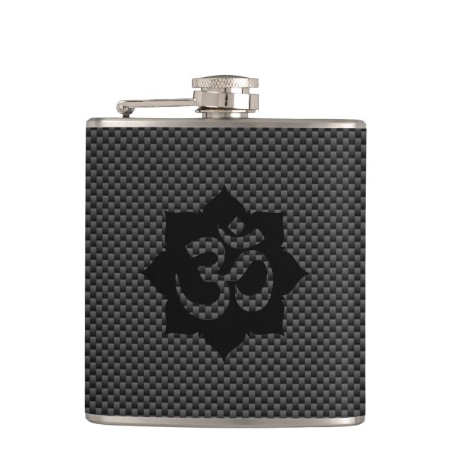 OM Symbol Lotus Spirituality in Carbon Fibre Style Hip Flask (Front)