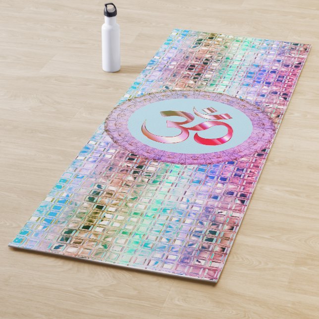 OM Symbol Shimmery Rainbow Tiles Yoga Mat (In Situ)