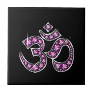 Om Symbol with "Garnet" Stones Tile