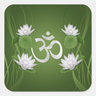 Om Symbol with Lotus flowers on green Square Sticker
