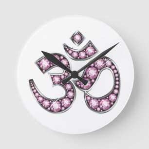 Om Symbol with "Rose Quartz" Stones Round Clock