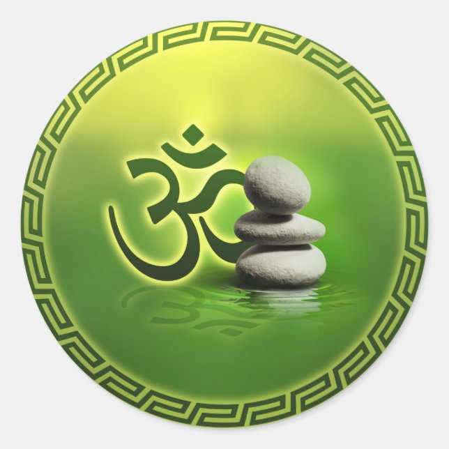 OM symbol  with zen stones on gentle green Classic Round Sticker (Front)