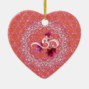 OM white pink damask Yoga Meditation Relaxation Ceramic Tree Decoration