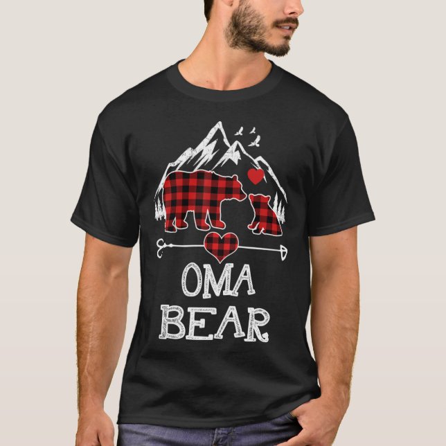Oma Bear Christmas Pajama Red Plaid Buffalo Family T-Shirt (Front)