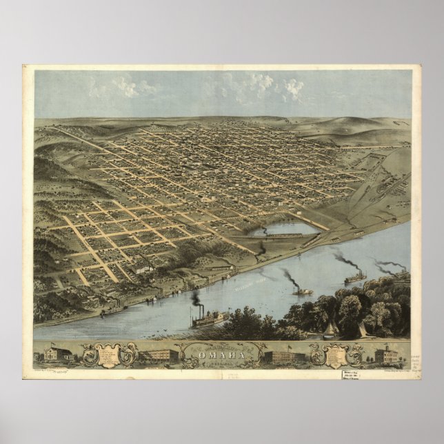 Omaha Nebraska 1868 Antique Panoramic Map Poster (Front)