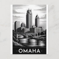 Omaha Nebraska Skyline Black White Woodcut