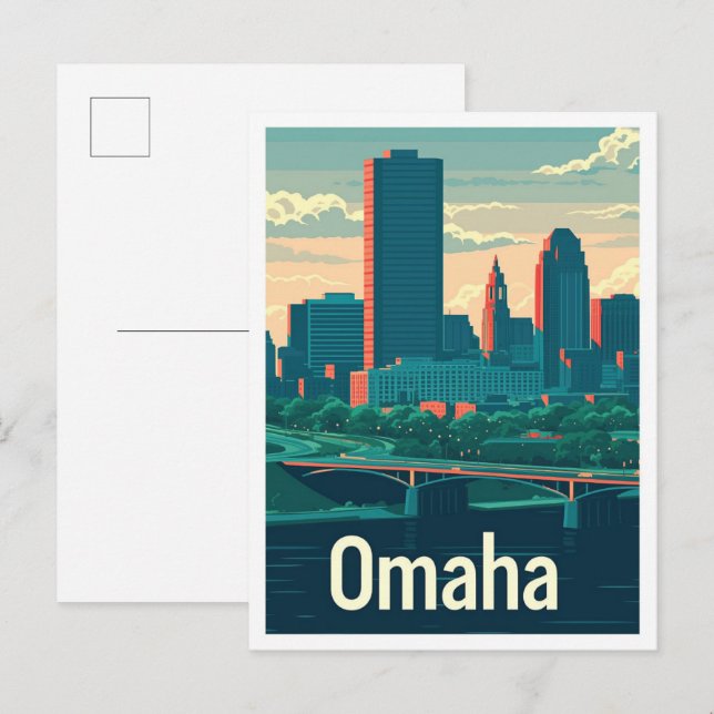 Omaha Nebraska USA Art Vintage Travel Illustration Postcard (Front/Back)