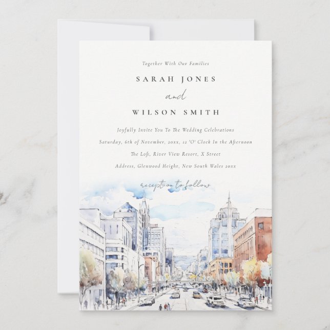 Omaha Nebraska Watercolor Landscape Wedding Invitation (Front)