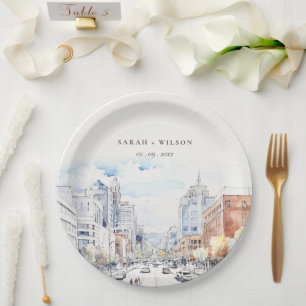 Omaha Nebraska Watercolor Landscape Wedding Paper Plate