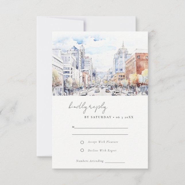 Omaha Nebraska Watercolor Landscape Wedding RSVP Card (Front)