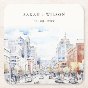 Omaha Nebraska Watercolor Landscape Wedding Square Paper Coaster
