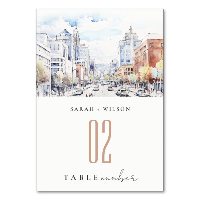 Omaha Nebraska Watercolor Landscape Wedding Table Number (Front)
