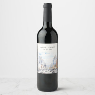 Omaha Nebraska Watercolor Landscape Wedding Wine Label