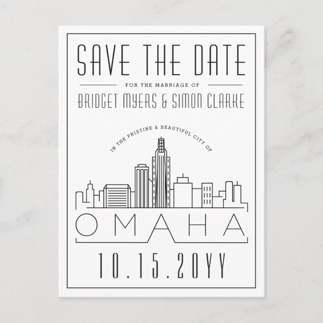 Omaha Wedding | Stylised Skyline Save the Date Postcard (Front)