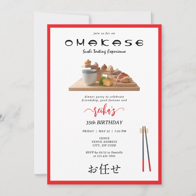 Omakase Japanese Sushi Tasting Script Birthday Invitation (Front)