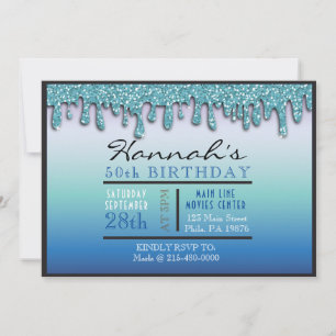 Ombre Aqua Sparkle Drippy 50TH Birthday Party Invitation