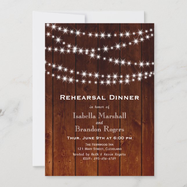 Ombre Barn Board Twinkle Lights Rehearsal Dinner Invitation (Front)