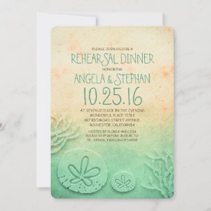Ombre beach rehearsal dinner - teal sand dollar invitation