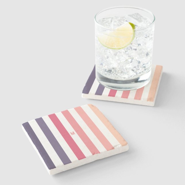 Ombre Beach Sunset Stripe & Personalised Monogram Stone Coaster (Side)