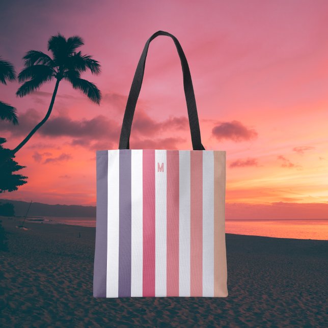 Ombre Beach Sunset Stripe & Personalised Monogram Tote Bag (Creator Uploaded)