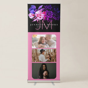 Ombre Black and Pink Floral 3 Photos Monogram Retractable Banner