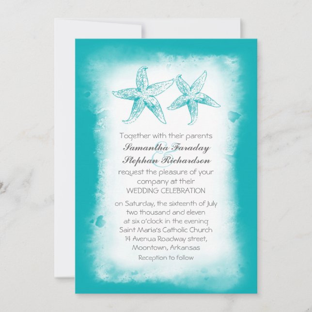 Ombre blue beach wedding invitations (Front)