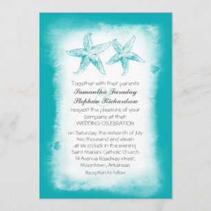 Ombre blue beach wedding invitations