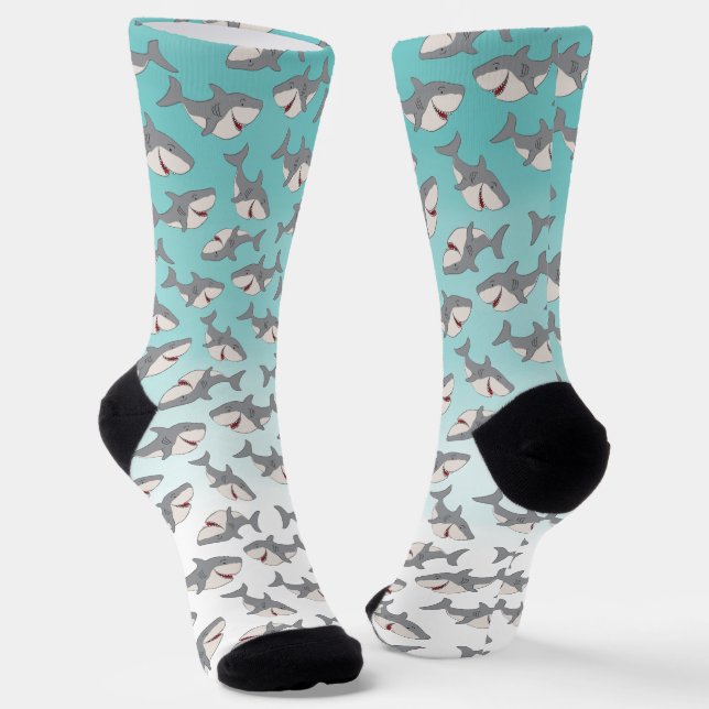 Ombre Blue Cute Cartoon Shark Week Pattern Socks (Angled)