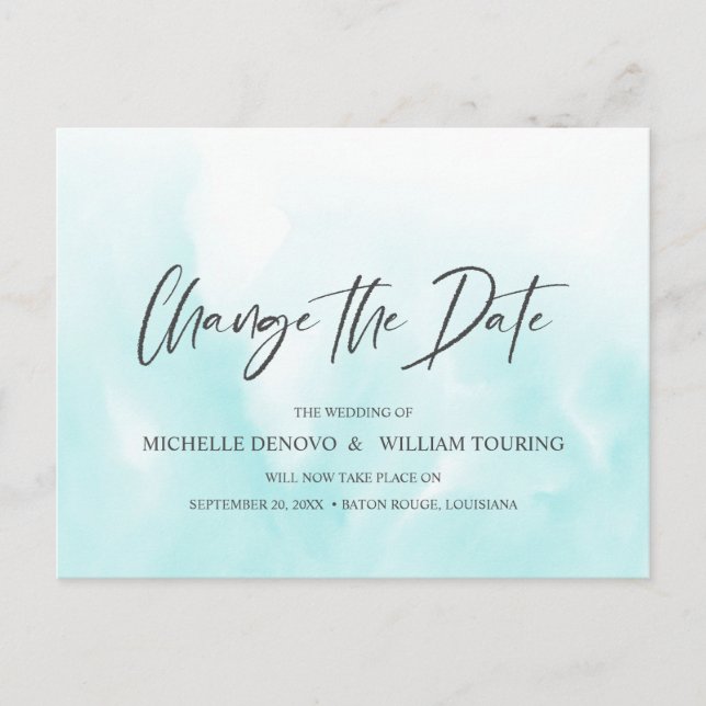 Ombre Blue Elegant Handwritten Change the date Announcement Postcard (Front)