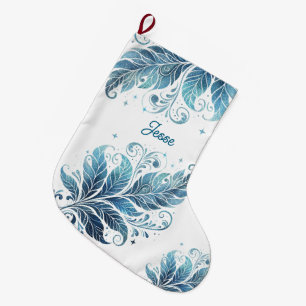 Ombre Blue Filigree Leaf Personalised Large Christmas Stocking