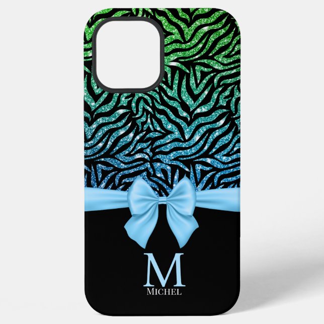Ombre blue Glitter Zebra Stripes Bow Monogram iPhone Case (Back)