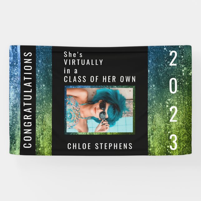 Ombre Blue | Green Faux Glitter Photo Graduation Banner (Horizontal)