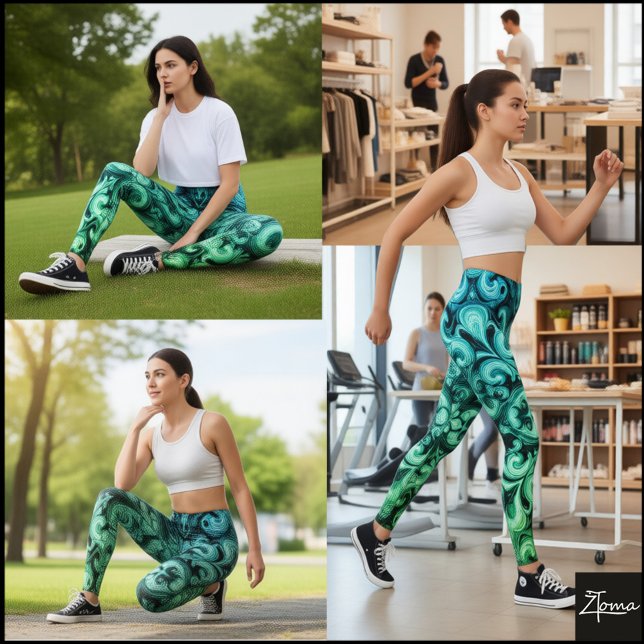 Ombre Blue Green Ornamental Scrollwork Pattern Leggings (Creator Uploaded)