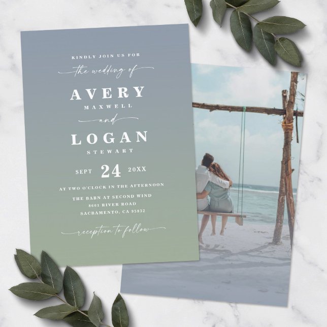 Ombre Blue & Green Wedding Invitation with Photo (Creator Uploaded)