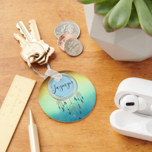 Ombre Blue Orange Personalised Dreamcatcher Key Ring