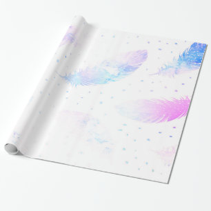 *~* Ombre Blue Pink Magenta Feathers on White Wrapping Paper