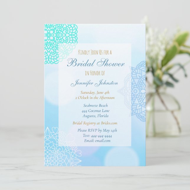 Ombre Blue, Teal and White Mandala Bridal Shower Invitation (Standing Front)