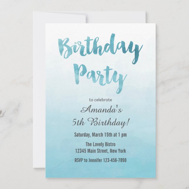 Ombre Blue Watercolor Birthday Invitation (Front)