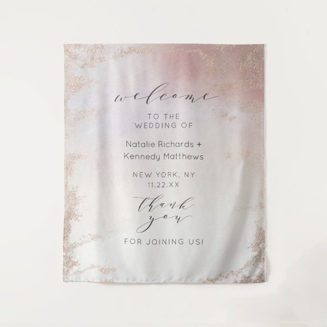 Ombre Blush Pink Frosted Foil Wedding Welcome Tapestry (Front)