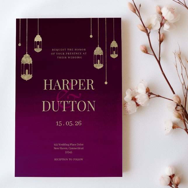 Ombre burgundy and gold lantern lights wedding invitation (Ombre burgundy and gold lantern lights wedding )