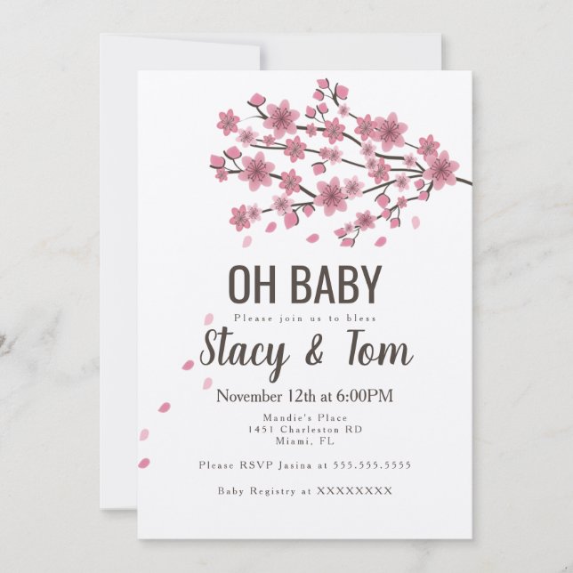 Ombre Cherry Blossom Tree Pink Branch Baby Shower Invitation (Front)