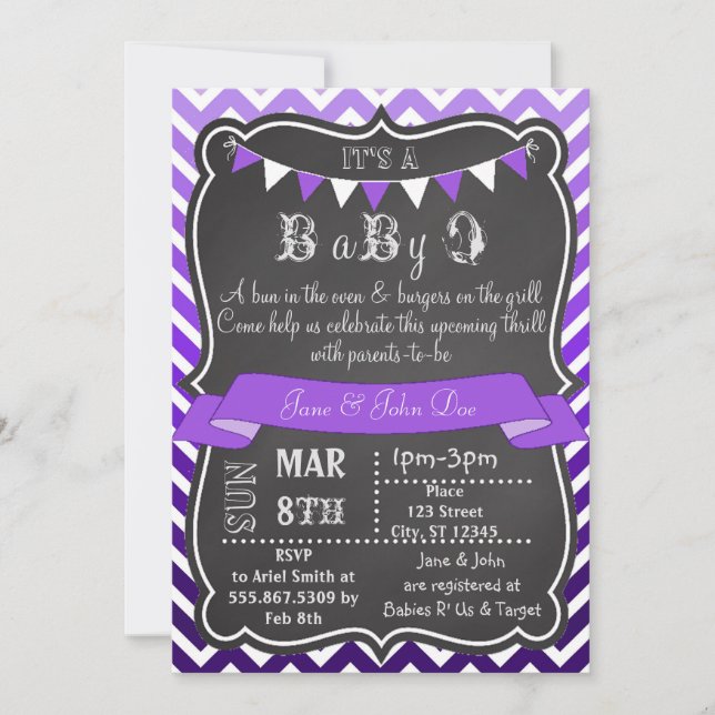 Ombre Chevron Chalkboard BabyQ Purple Invitation (Front)