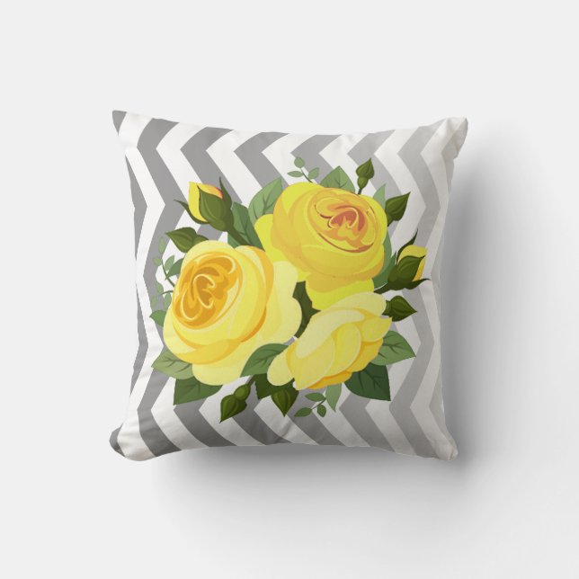 Ombre Chevron Floral Rose Bouquet | yellow silver Cushion (Front)